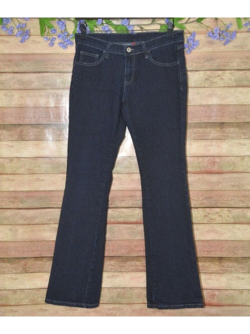 BE-GIRL Stretch Jeans Size 9/10 Dark Wash Boot Cut Embellished Pockets Butt Lift
